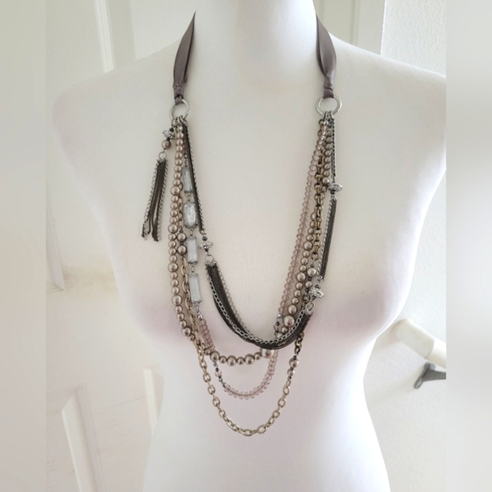 LOFT | Long Silver Tone Crystal Faux Pearl Layered Statement Necklace - Picture 2 of 13